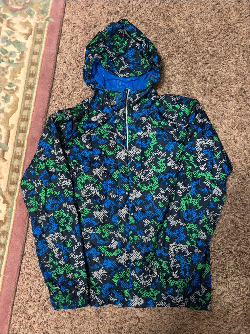 Columbia Kids Hooded Raincoat in Blue, Green & Black Camo